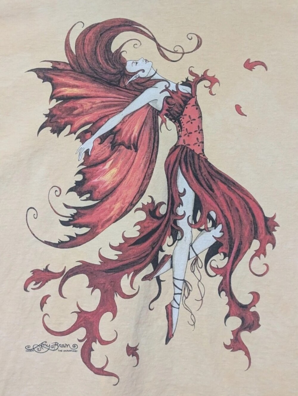The Mountain Yellow Tee with Red Fire Dancer Fairy Amy Brown Art XL